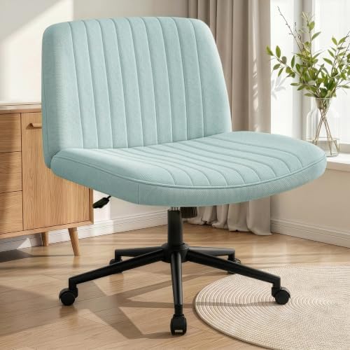 NEO CHAIR Criss Cross Chair with Wheels Armless Cross Legged Office Desk Wide Comfy Vanity Makeup Chair Adjustable Swivel Rolling Computer for Home Office Fabric (Mint)