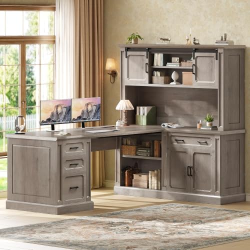 SEDETA 67" Farmhouse Executive L Shaped Desk with Hutch & Storage