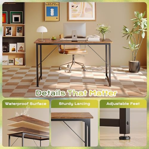 PRAISUN 47 Inch Computer Desk, Office Desk, Spacious Desktop, Rustic Brown