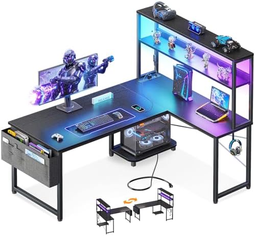 ODK 43" L Shaped Gaming Desk with Shelves, LED & Outlets, Black