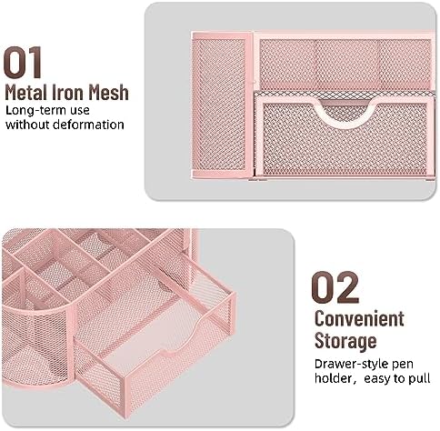 Mesh Desk Organizer with Drawer, 9-Compartment Pen Holder for Desk, Pink