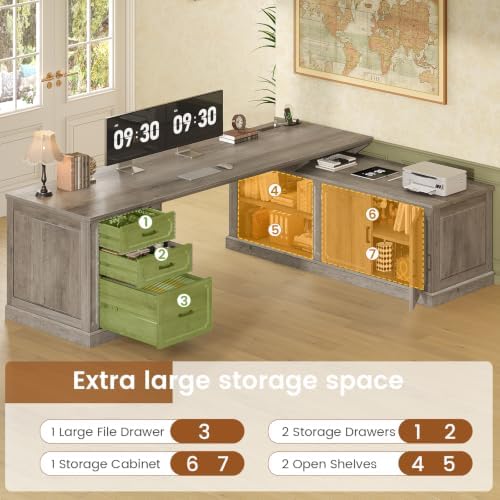 SEDETA Farmhouse L Shaped Desk with Drawers, 70.9" Home Office Desk with Storage Cabinet and Storage Shelves, L Shaped Computer Desk with Power Outlet，Gray