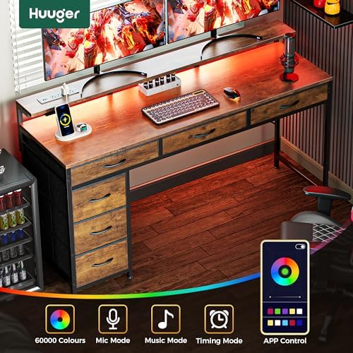 Huuger Gaming Desk with 6 Drawers, Computer Desk with LED Lights Power Outlets and Type-C, 55 Inch Office Desk with Storage, Monitor Stand, Writing Desk for Home Office, Rustic Brown, 1CD102F