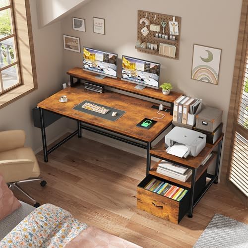 EnHomee 56.5" Office Desk with Drawers & Printer Space for Home Work,Brown