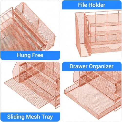 OPNICE Desk Organizers and Accessories, 4-Tier Desktop File Organizer with Drawer and Pen Holders, Office Desk Accessories Workspace Organizers for Office Supplies (Rose Gold)