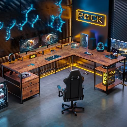 Furologee 66” L Shaped Desk with Power Outlet, Reversible Home Office Desk with File Drawer, 2 Monitor Stands, Storage Shelves, Corner Computer Table for Gaming, Writing, Rustic Brown