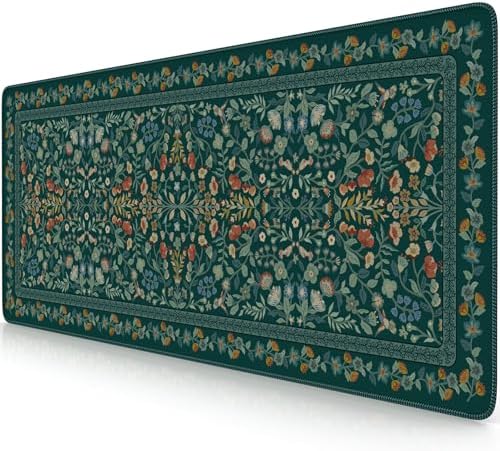 iCasso Aesthetic Floral Desk Mat,Retro Mouse Pads,31.5x11.8in,Deep Green