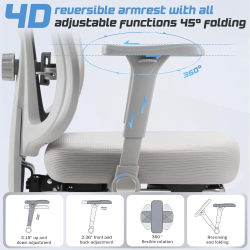 Furmax Ergonomic Office Chair with 3D Headrest & 4D Flippable Armrests, Adjustable Lumbar Support, 135° Recline, Breathable Mesh Seat, Height Adjustable Swivel Computer Desk Chair(Grey)