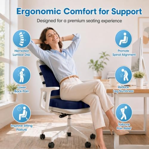 CloudBliss Ergonomic Seat Cushion & Lumbar Support Pillow Set, Blue, XL