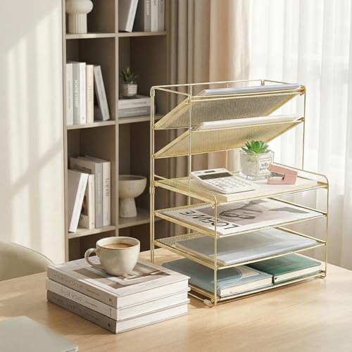 OPNICE Desk Organizer, 6-Tier Paper Organizer Letter Tray, Gold