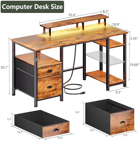 Furologee 51" Computer Desk with Outlets & LED, Desk with Drawers, Brown