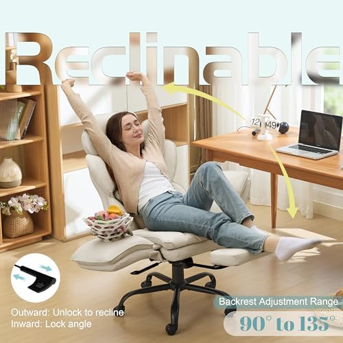 Flip Armrests Criss Cross Office Chair, Reclining Office Chair with Foot Rest, Adjustable Headrest, Massage Waist Pillow, Cross Legged Big and Tall Desk Chair Wide Seat Vanity Chair, Beige PU Leather
