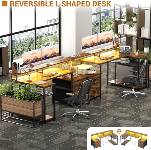 Aheaplus L Shaped Desk with File Drawer, Reversible L Shaped Gaming Desk