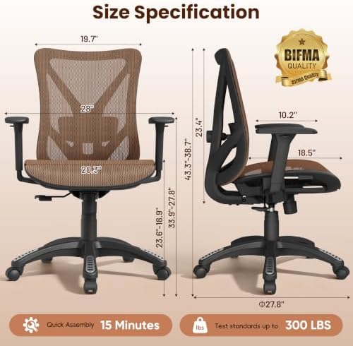 Ergonomic Office Chair, Mesh Computer Desk Chairs with BIFMA X5.1 Certified, Adjustable Lumbar Support, 3D Arm, Tilt Back, Wide Seat, Comfy Swivel Work Task Chair for Company and Home (Sunset Orange)