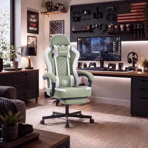 Desk Computer Gaming Chair - High Back Ergonomic Office Chair with Footrest and Lumbar Support, Swivel Comfy Home Gamer Video Game Chairs with Pocket Spring Cushion for Adults (Green Fabric)