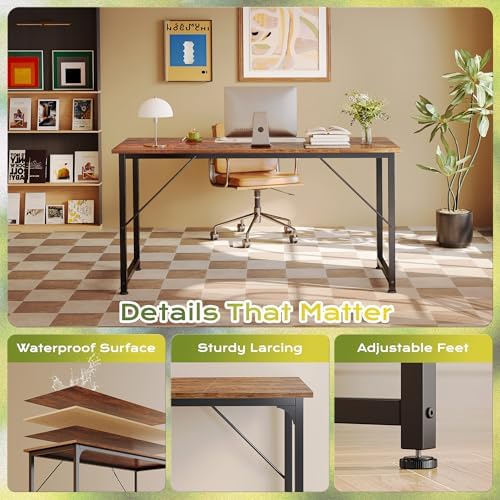 PRAISUN 55 Inch Computer Desk, Office Desk, Spacious Desktop, Rustic Brown