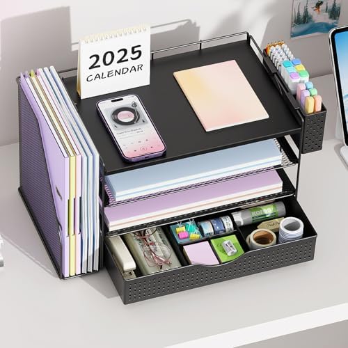 Wood Desk Organizers and Accessories with File Holder, 4-Tier Desk Accessories & Workspace Organizers with Drawer and Pen Holder, Desk Reference Organizer (Black, 4T with Drawer)