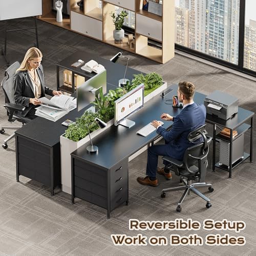Huuger 63 Inch L Shaped Desk with Fabric Drawers, Reversible Computer Gaming Desk with Power Outlets and USB-C Port, Adjustable Side Storage Shelves, for Work Study Corner Home Office, Black