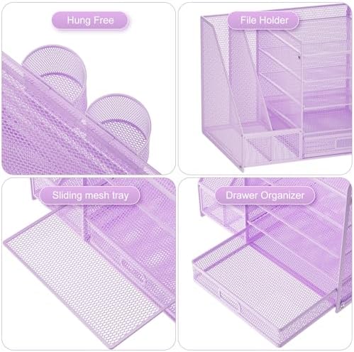 Marbrasse Desk Organizer with File Holder, 5-Tier Paper Letter Tray Organizer with Drawer and 2 Pen Holder, Mesh Desktop Organizer and Storage with Magazine Holder for Office Supplies(Purple)