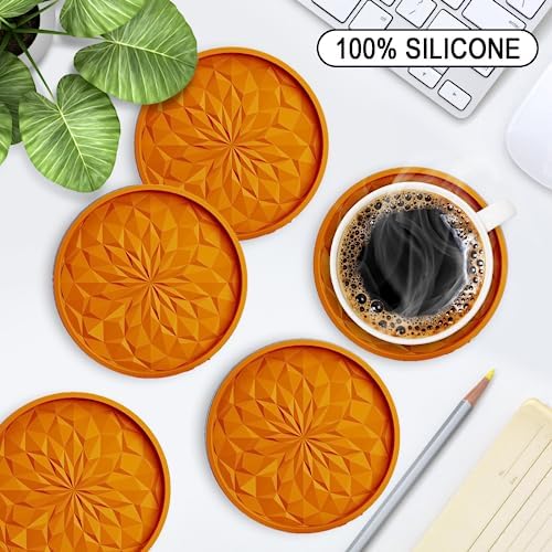 ME.FAN Silicone Coasters with Holder,[6 Pack] Drinking Coasters - Cup Mat for Hot or Cold Drinks, Thickened, Non-Slip, Non-stick,Deep Tray Orange