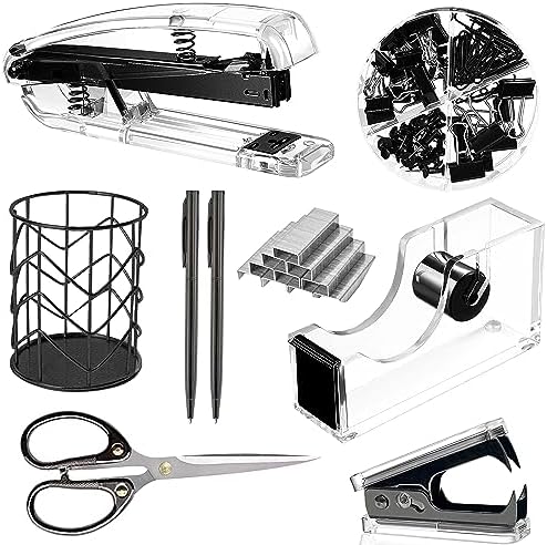 Office Desk Accessories，Office Supplies Set Acrylic Stapler Set Staple Remover, Tape Holder, Pen Holder, 2 Ballpoint Pen, Scissor, Binder Clips, Paper Clips and 1000pcs Staples(Black)