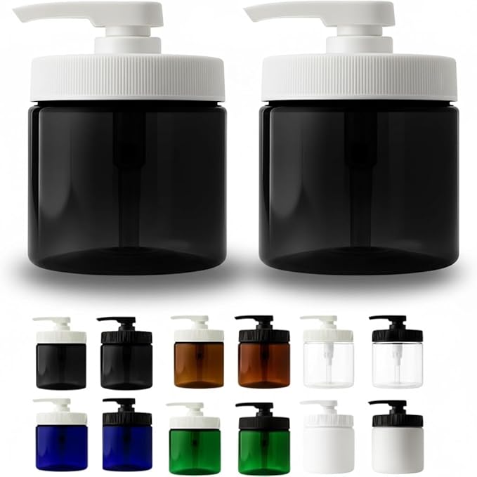 Royal Massage 16oz Refillable Pump Jar with Locking Dip Tube Dispenser – BPA-Free Plastic Container for Massage Oils, Lotions, Creams – Ribbed Lid Wide-Mouth Jar – Durable & Reusable (Black/White, 2)
