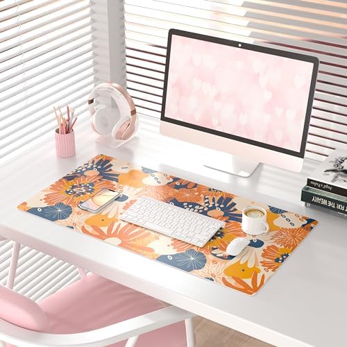 QiyI PU Leather Large Mouse Pad, Office Decor, 31.5" x 15.7", Orange Flower