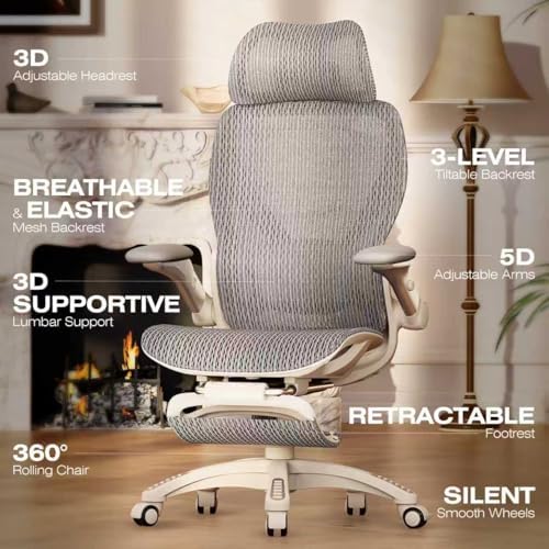 ELABEST X100 Ergonomic Mesh Office Chair with Footrest, Big and Tall Home Desk Chair with 5D Flip-Up Arms, Adjustable 3D Lumbar Support, Gaming & Executive Computer Chair (First Light)