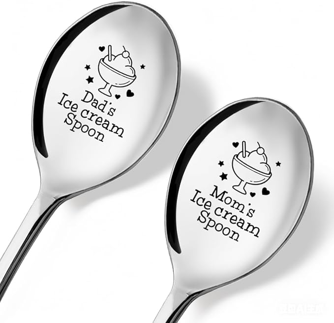Dad's & Mom's Ice Cream Spoons Engraved Spoon Set, Funny Anniversary Wedding Gifts for Parents, Cute Gelato Design Engraved for Having Tea and Coffee, Christmas Gifts for Mom Dad
