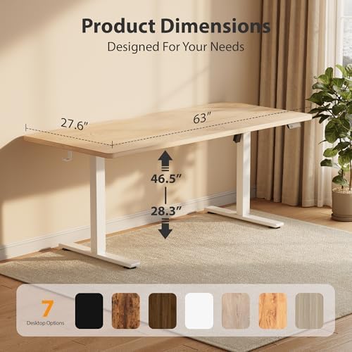 Cubiker Standing Desk, 63x28 Inches Sit Stand Home Office Desk, Electric Stand up Desk, Adjustable Desk with Splice Board, White Frame/Maple Top