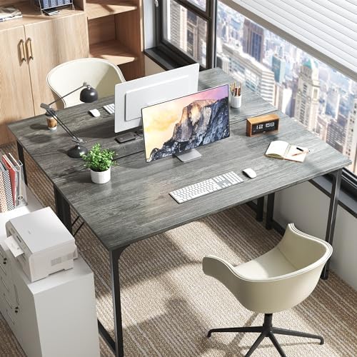 Huuger Modern Simple Office Desk, 55 Inch, Gaming & Work Desk with Storage, Large Legroom, Metal Frame, Grey