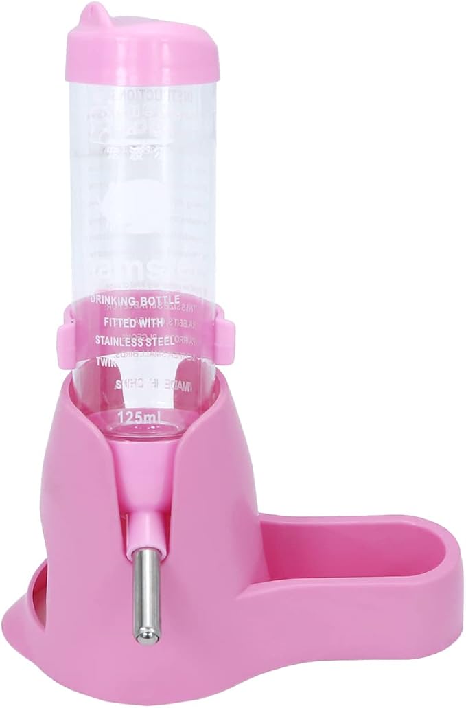 Wontee 3 in 1 Hamster Water Bottle with Food Bowl Hideout Base, 125ML, Pink | Water dispenser, food container, hideout, stable base, easy to refill, for glass tank/cage, dwarf hamster/mouse/gerbil, 4.2oz