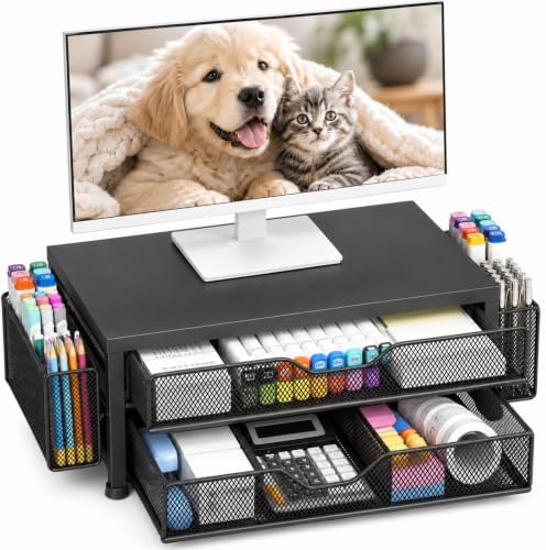OPNICE Desk Organizer and Accessories, 2-Tier Computer Monitor Stand Riser with Drawer and 2 Pen Holders, Laptop Stand, Office Desk Accessories for Office Supplies, Soft Black
