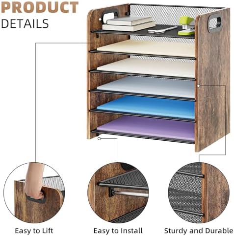 Marbrasse 6 Tier Paper Organizer Letter Tray - Wooden Desk File Organizer with Handle, Paper Sorter Organizer for Letter/A4 Office File Folder Holder