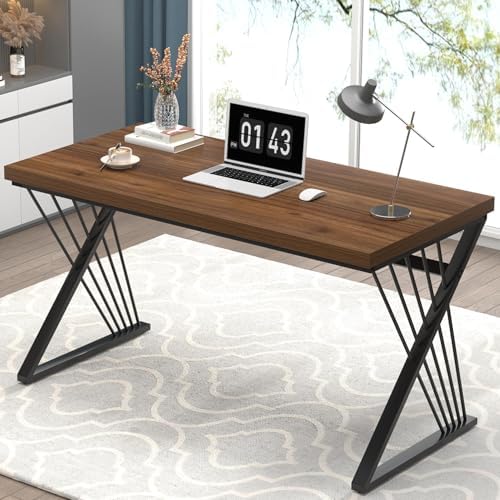FOLUBAN Computer Desk for Home Office Workstation, Modern Writing Study Work Table, PC Gaming Table for Bedroom Living Room, Rustic Walnut, 53 Inch