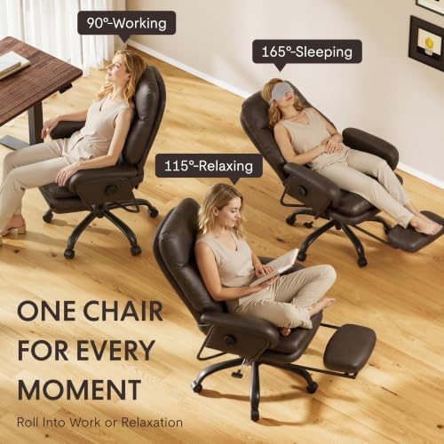 FLEXISPOT Multi-Task Ergonomic Office Chair with Footrest Computer Desk Chairs Indoor Lounge Chair with 90-165° 4-Level Reclining, Chairs for Working Relaxing Sleeping, PU Leather, Brown, Basic Back