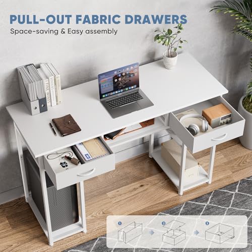 DUMOS 48-Inch Computer Desk with Drawers and Hook, White