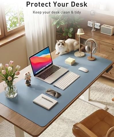 Aothia Faux Leather Desk Mat - Large Mouse Pad, Non-Slip PU Leather Blotter, Waterproof Writing Surface for Office and Home (Denim Blue, 63" x 17")