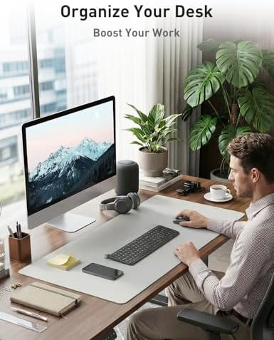 Aothia Faux Leather Desk Mat - Non-Slip PU Leather Desk Blotter, Waterproof Writing Surface, Large Desk Pad for Office & Home (Barely Grey, 55" x 17")
