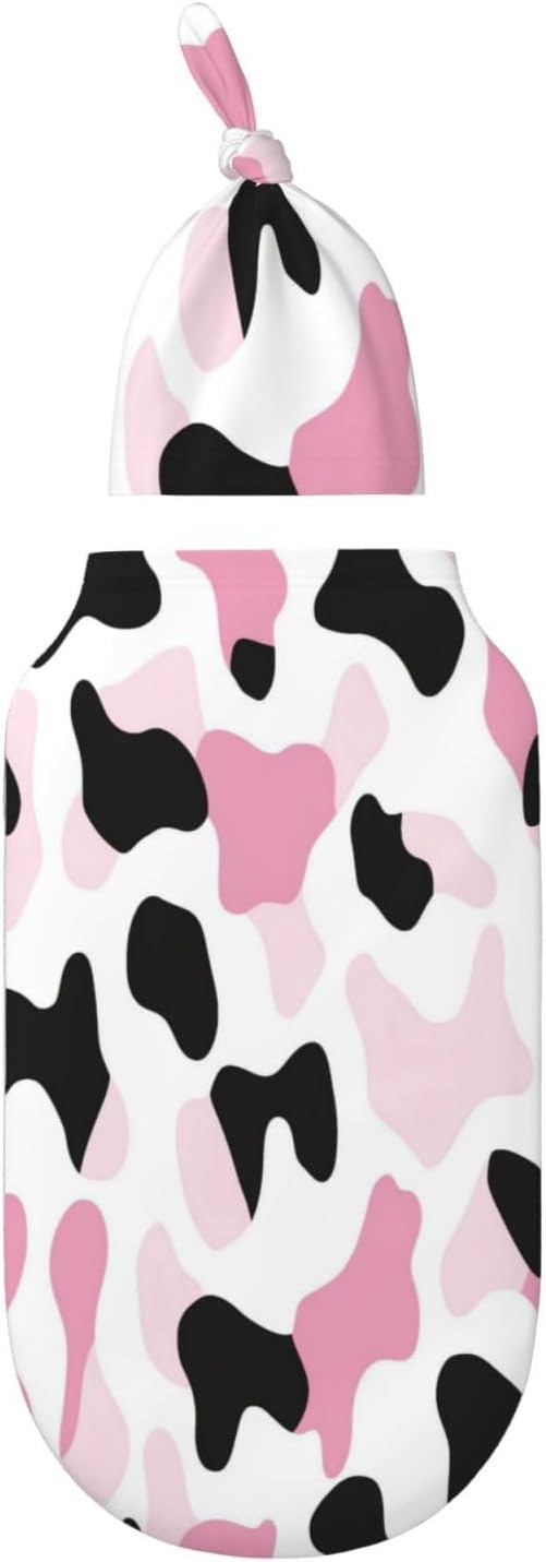 Newborn Swaddle Blankets and Hat Set Soft Cotton Baby Swaddle Wrap Warm Infant Receiving Blanket Pink Print-2