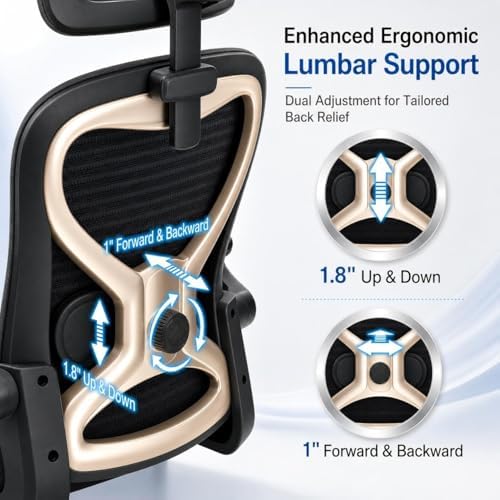 Ergonomic Office Chair, Mesh Desk Chair with Headrest, Lumbar Support, Thick Seat Cushion, Flip-up Arms, High Back Computer Task Chairs for Home Office, Black/Gold