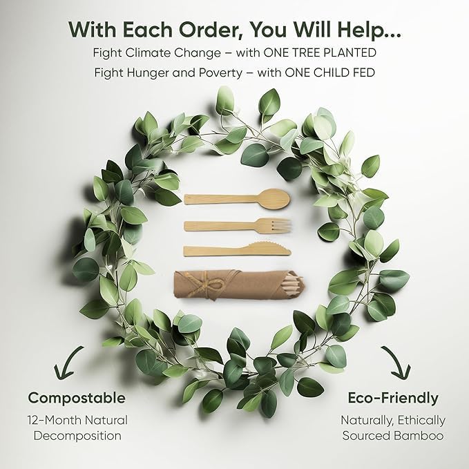 Premium Pre Rolled Napkin and Bamboo Cutlery Set with Brown Napkins (30 Pack, 120 PCS) 100% Biodegradable, Eco-Friendly, Disposable Wrapped Cutlery - Pre-Wrapped Bamboo Forks, Knives, Spoons