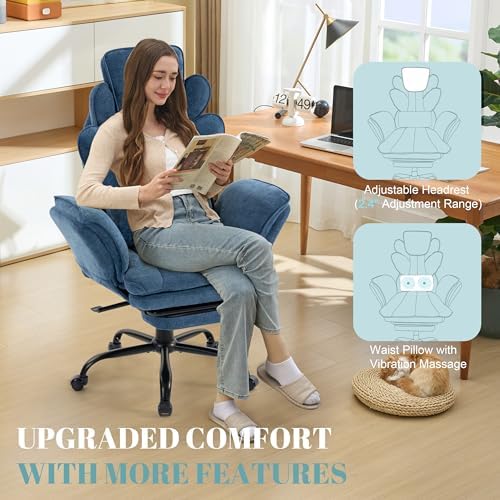 Flip Armrests Criss Cross Office Chair, Reclining Office Chair with Foot Rest, Adjustable Headrest, Massage Waist Pillow, Cross Legged Big and Tall Desk Chair Wide Seat Vanity Chair, Blue Fabric
