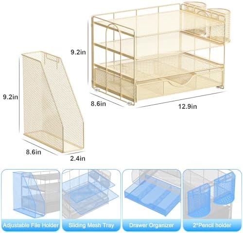 gianotter Desk Organizers and Accessories with File Holder, 4-Tier Desk Accessories & Workspace Organizers with Drawer and 2 Pen Holder, Paper Organizer for Office Supplies(Gold)