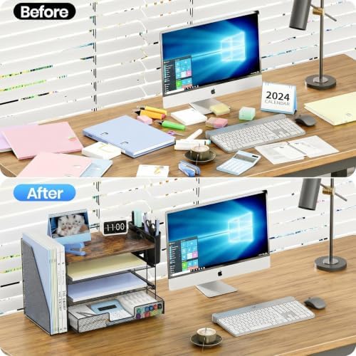 OPNICE Desk Organizer, 4-Tier Desktop File Organizer with Drawer and Pen Holders, Office Desk Accessories, File Sorters, Workspace Organizers for Office Supplies(Wood)