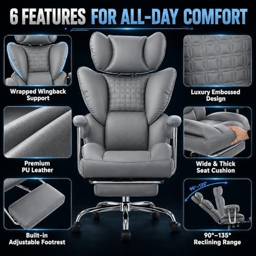 Big and Tall Office Chair 350 LBS, Scratch-Resistant PU Leather Executive Office Desk Chair with Footrest, Ergonomic Reclining Computer Chair with Pocket Spring Support for Home Office, Grey