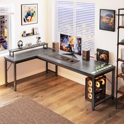 PRAISUN 61" L Shaped Computer Desk, Power Outlets, Monitor Stand, Grey