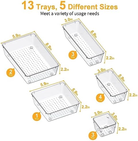 SMARTAKE 13-Piece Drawer Organizers with Non-Slip Silicone Pads, 5-Size