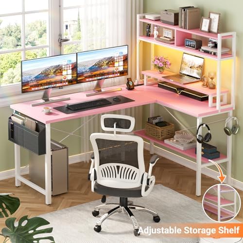 Aheaplus L Shaped Gaming Desk with Power Outlets & LED Lights, Pink