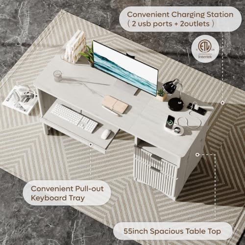 Bestier 55 Inch Computer Desk with Keyboard Tray, File Drawer, White